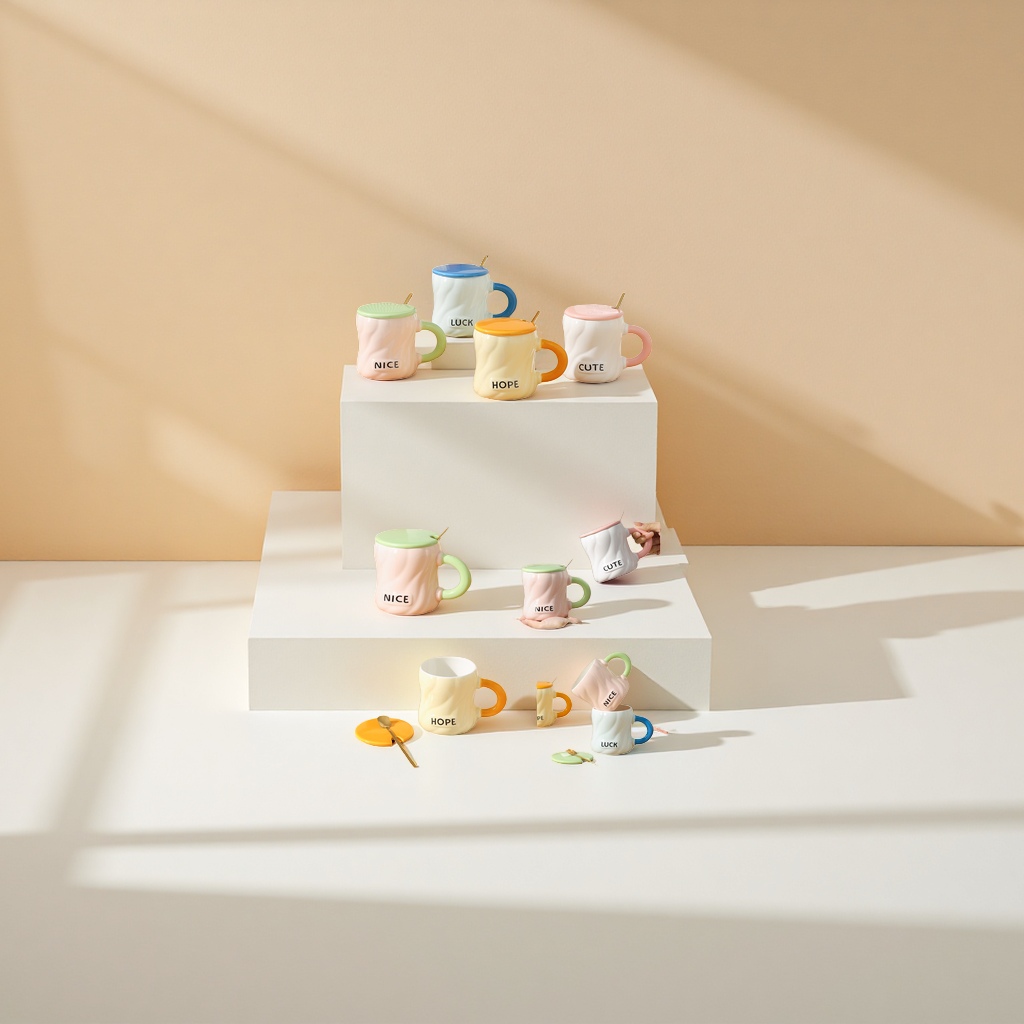 Colored ceramic mugs with ceramic LIDS and stainless steel spoons Application Scenario