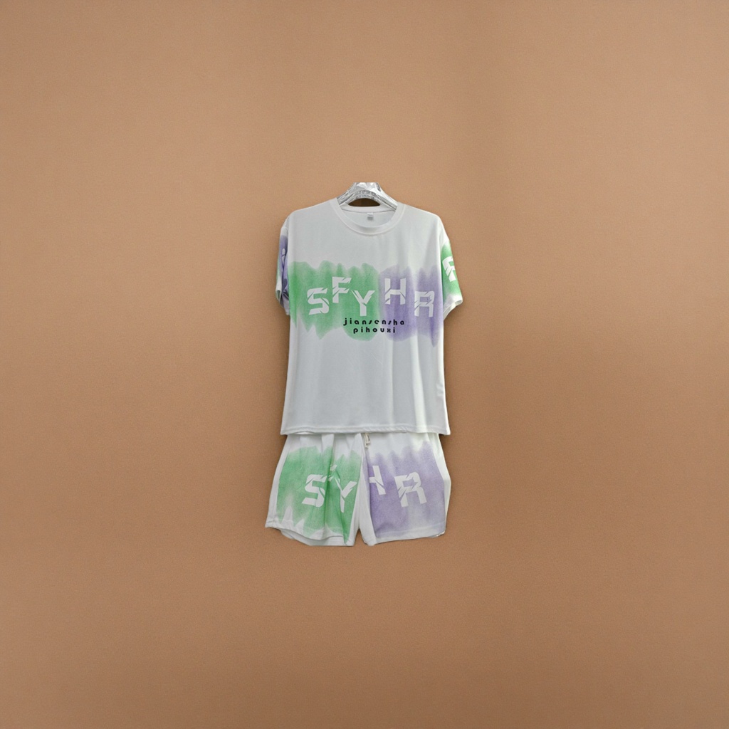A white short-sleeved T-shirt with shorts set, featuring green and purple watercolor and SFYHR printed clothing Application Scenario