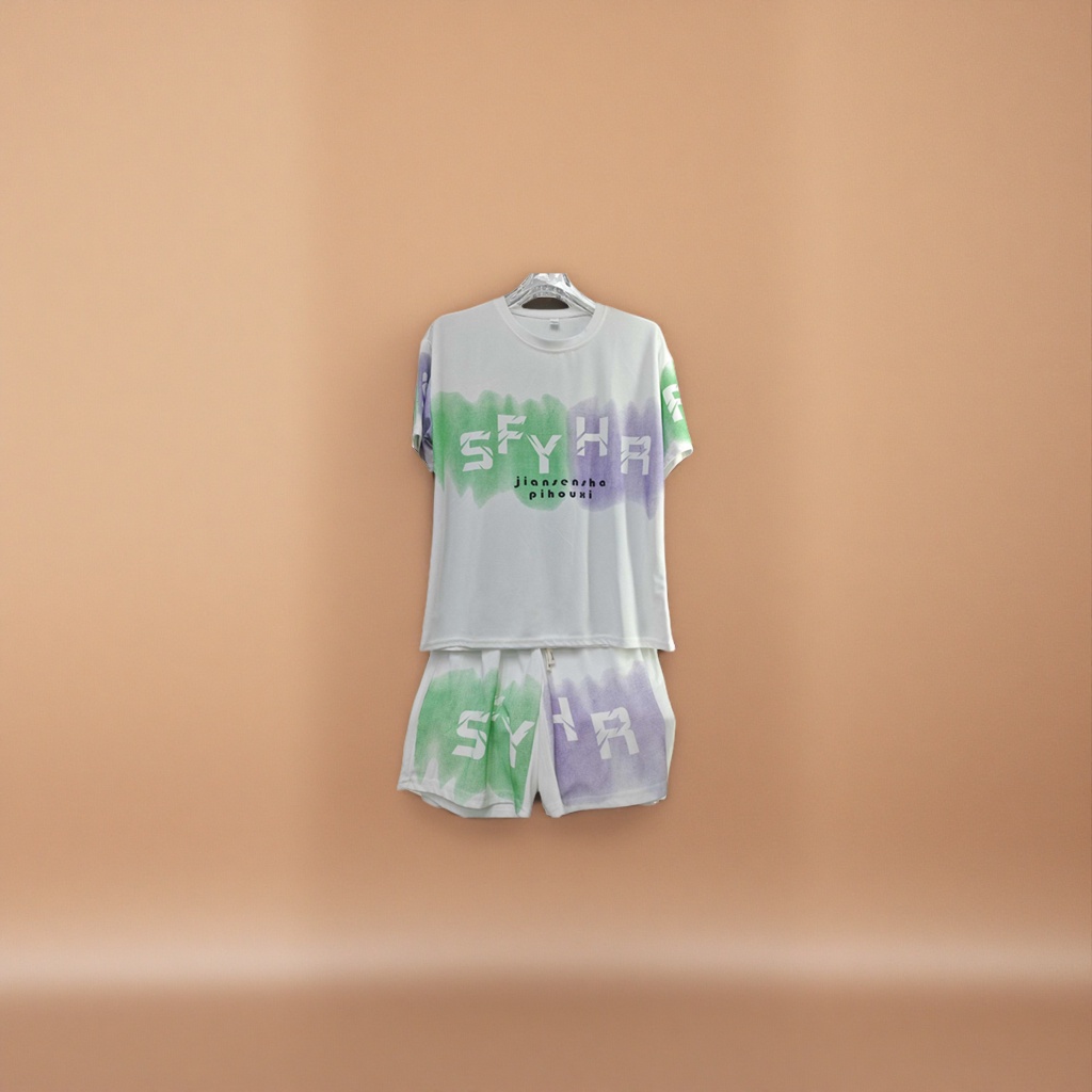A white short-sleeved T-shirt with shorts set, featuring green and purple watercolor and SFYHR printed clothing Specification image