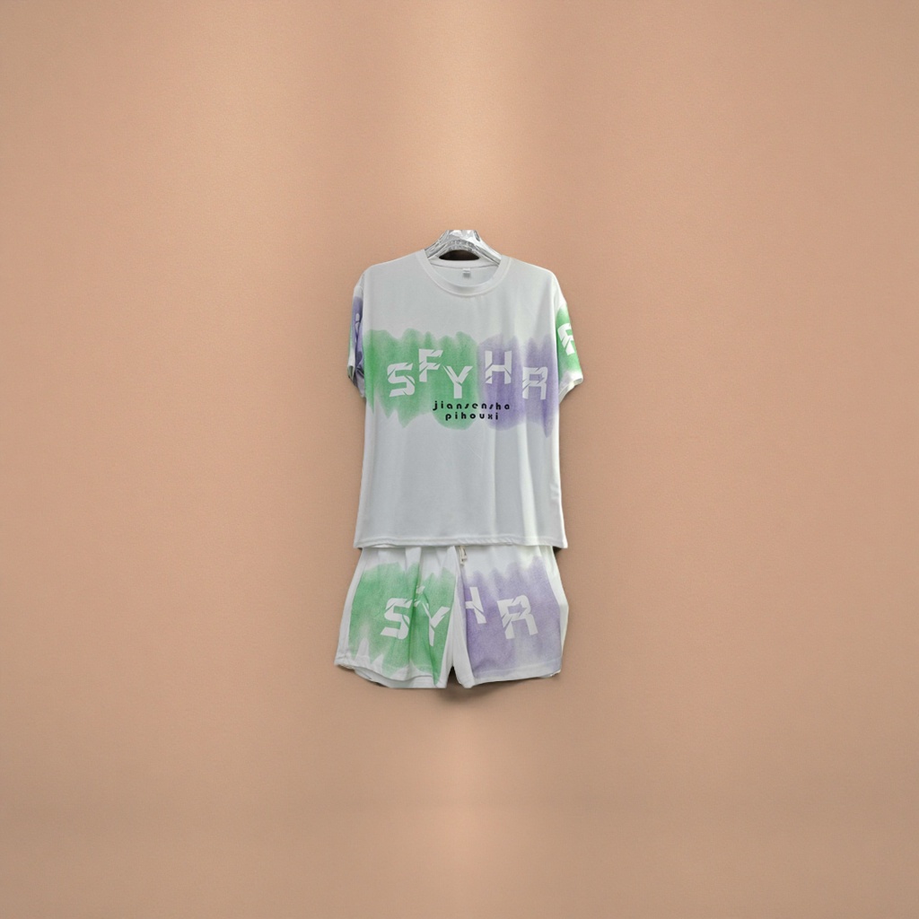 A white short-sleeved T-shirt with shorts set, featuring green and purple watercolor and SFYHR printed clothing details Picture