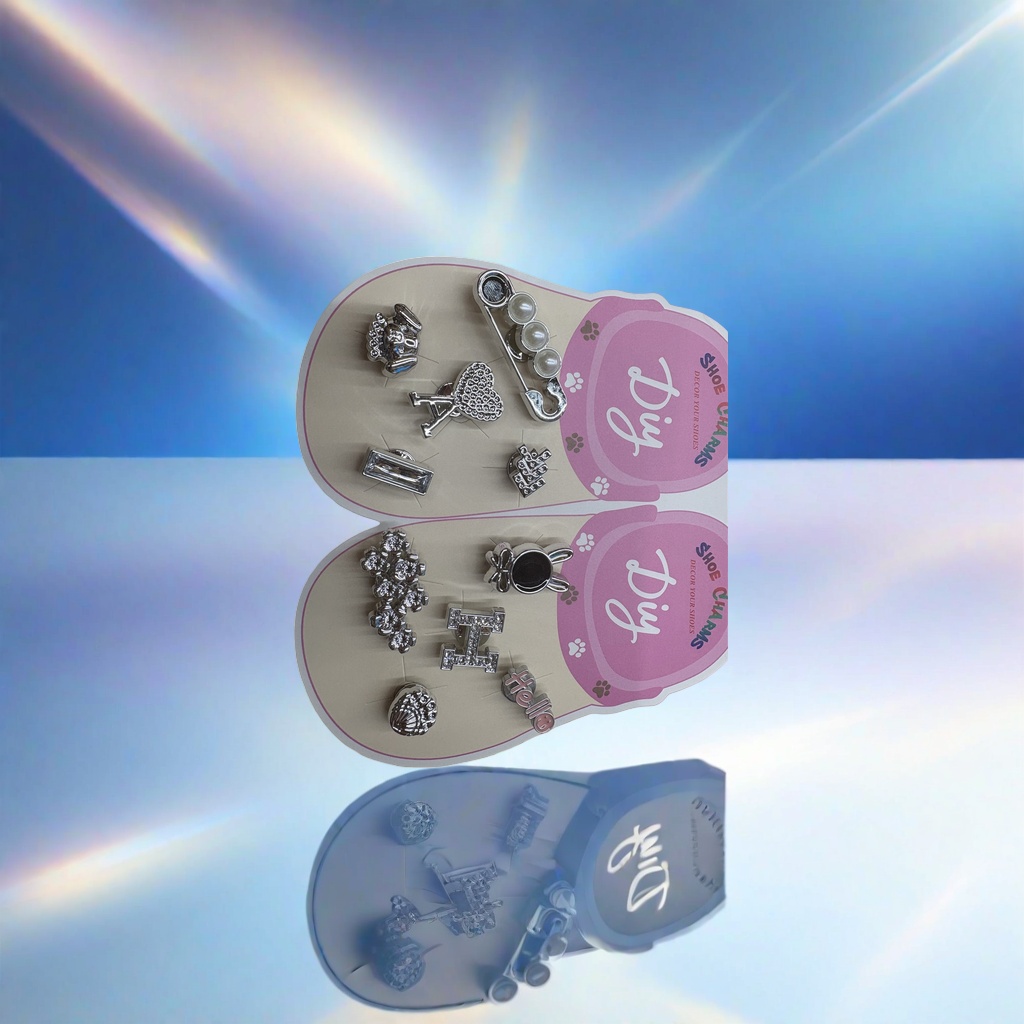 A pink shoe-shaped display board with silver shoe buckle decorations Application Scenario