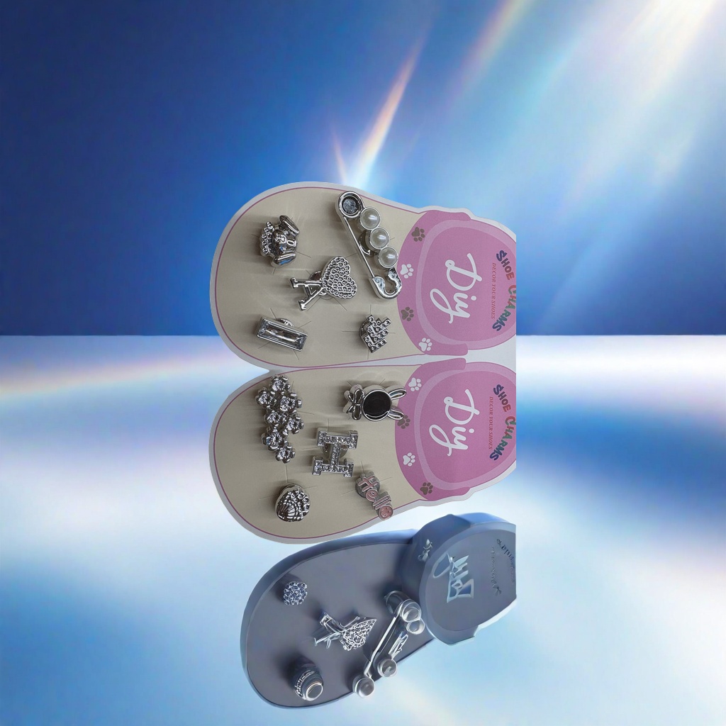 A pink shoe-shaped display board with silver shoe buckle decorations Specification image