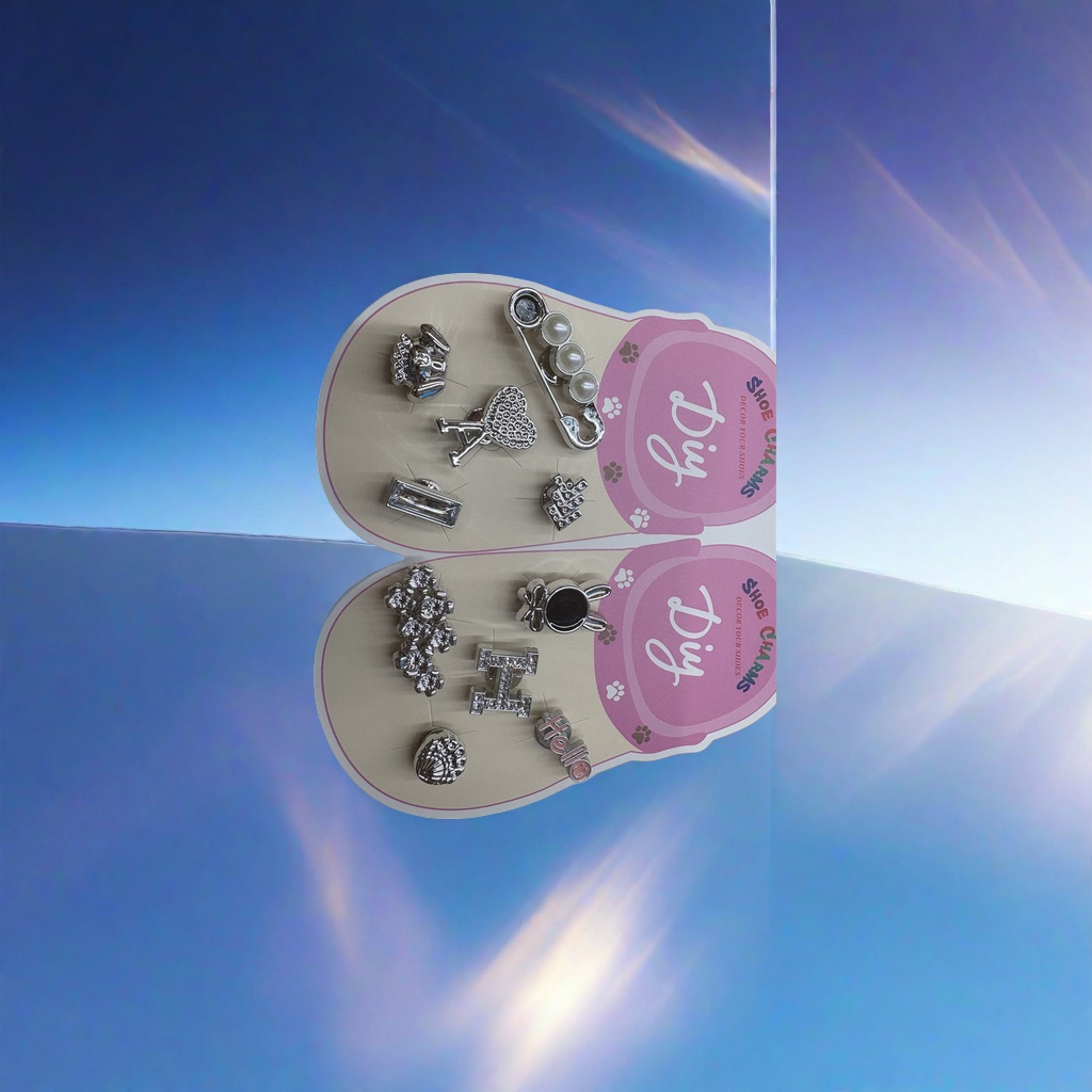 A pink shoe-shaped display board with silver shoe buckle decorations details Picture