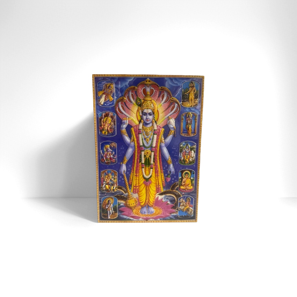 彩色神像画作 蓝皮肤多臂神祇立莲花 头戴蛇形华盖 身披黄紫衣饰挂花环 四周八小图 深蓝云纹水泡背景