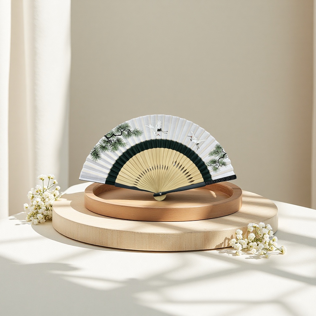 Ink-wash pine and crane patterned folding fan, handcrafted bamboo frame folding fan, pure cotton fabric surface summer cooling gift details Picture