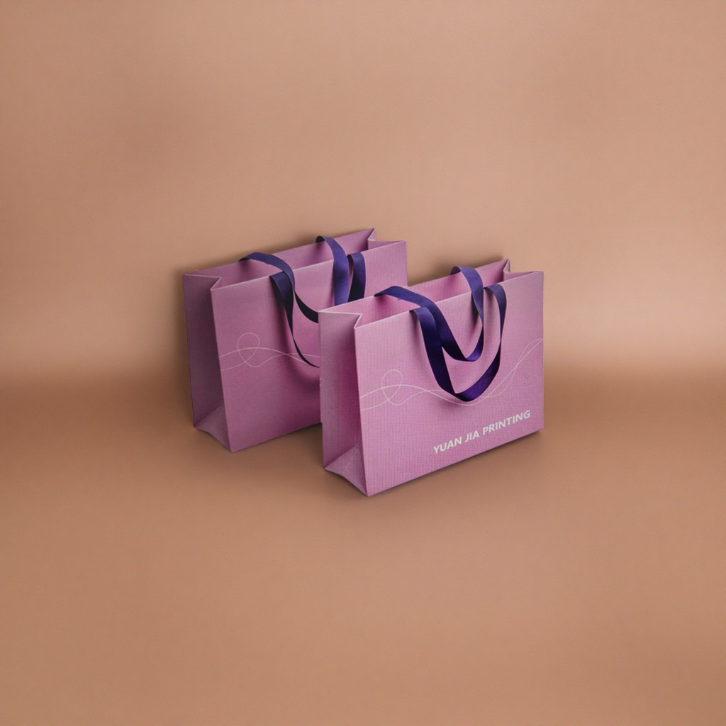 Purple handbag, dark purple ribbon handle, decorated with white wavy lines, with "YUAN JIA PRINTING" printed at the lower right corner details Picture