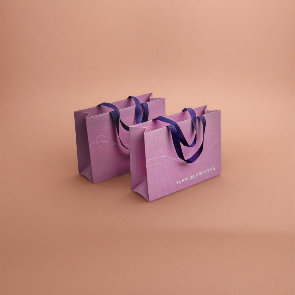 Purple handbag, dark purple ribbon handle, decorated with white wavy lines, with "YUAN JIA PRINTING" printed at the lower right corner Application Scenario