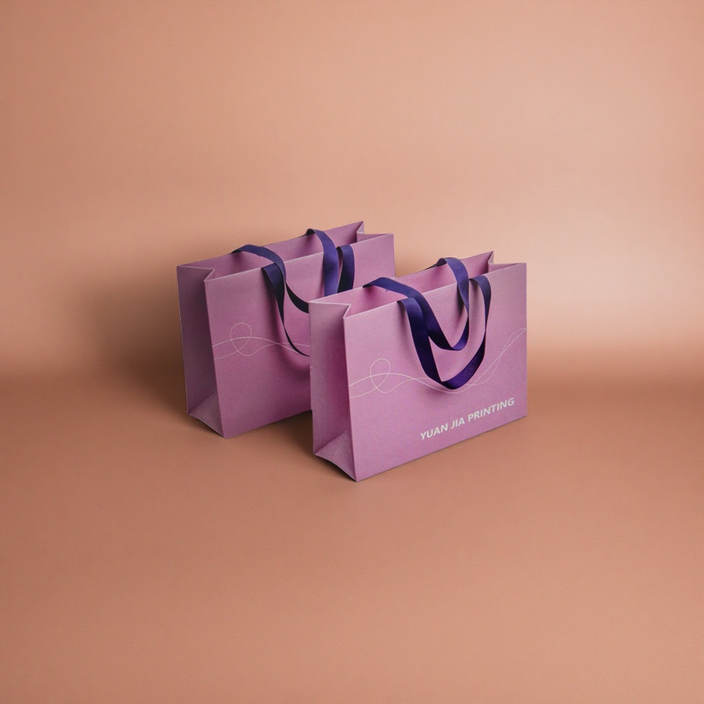Purple handbag, dark purple ribbon handle, decorated with white wavy lines, with "YUAN JIA PRINTING" printed at the lower right corner Specification image