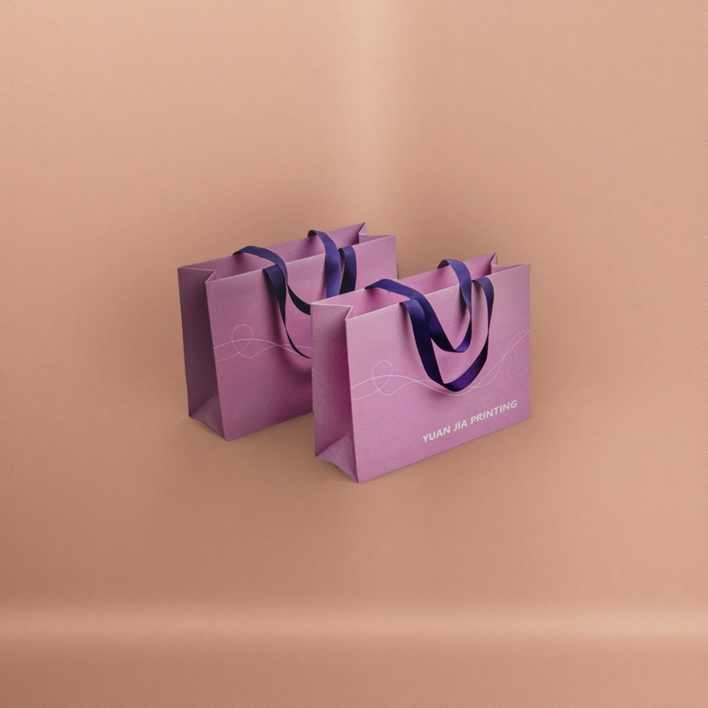 Purple handbag, dark purple ribbon handle, decorated with white wavy lines, with "YUAN JIA PRINTING" printed at the lower right corner