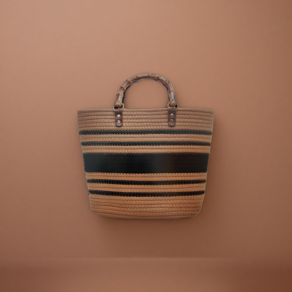 A brown and black striped woven bag for women's hand and shoulder casual tote bag details Picture