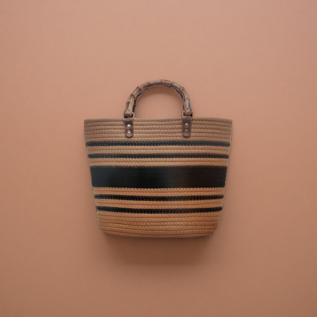 A brown and black striped woven bag for women's hand and shoulder casual tote bag Specification image