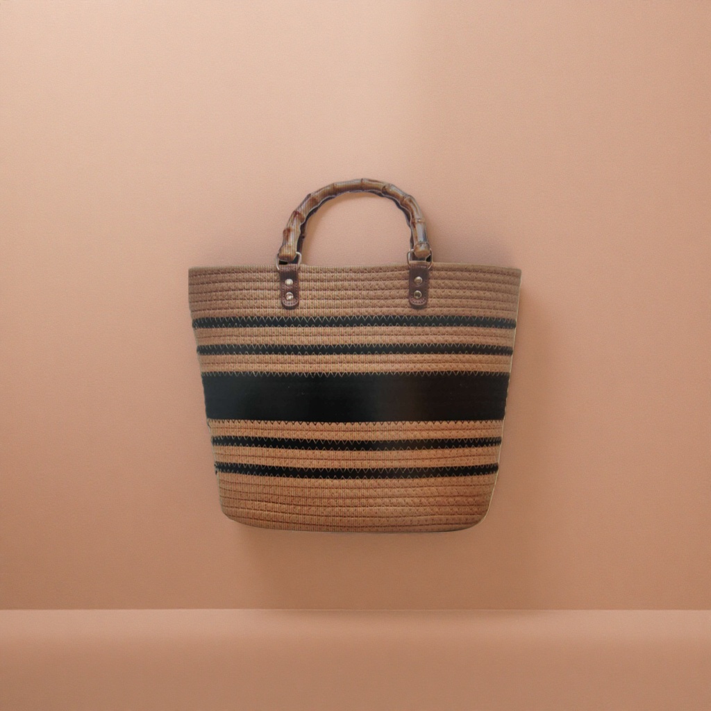 A brown and black striped woven bag for women's hand and shoulder casual tote bag