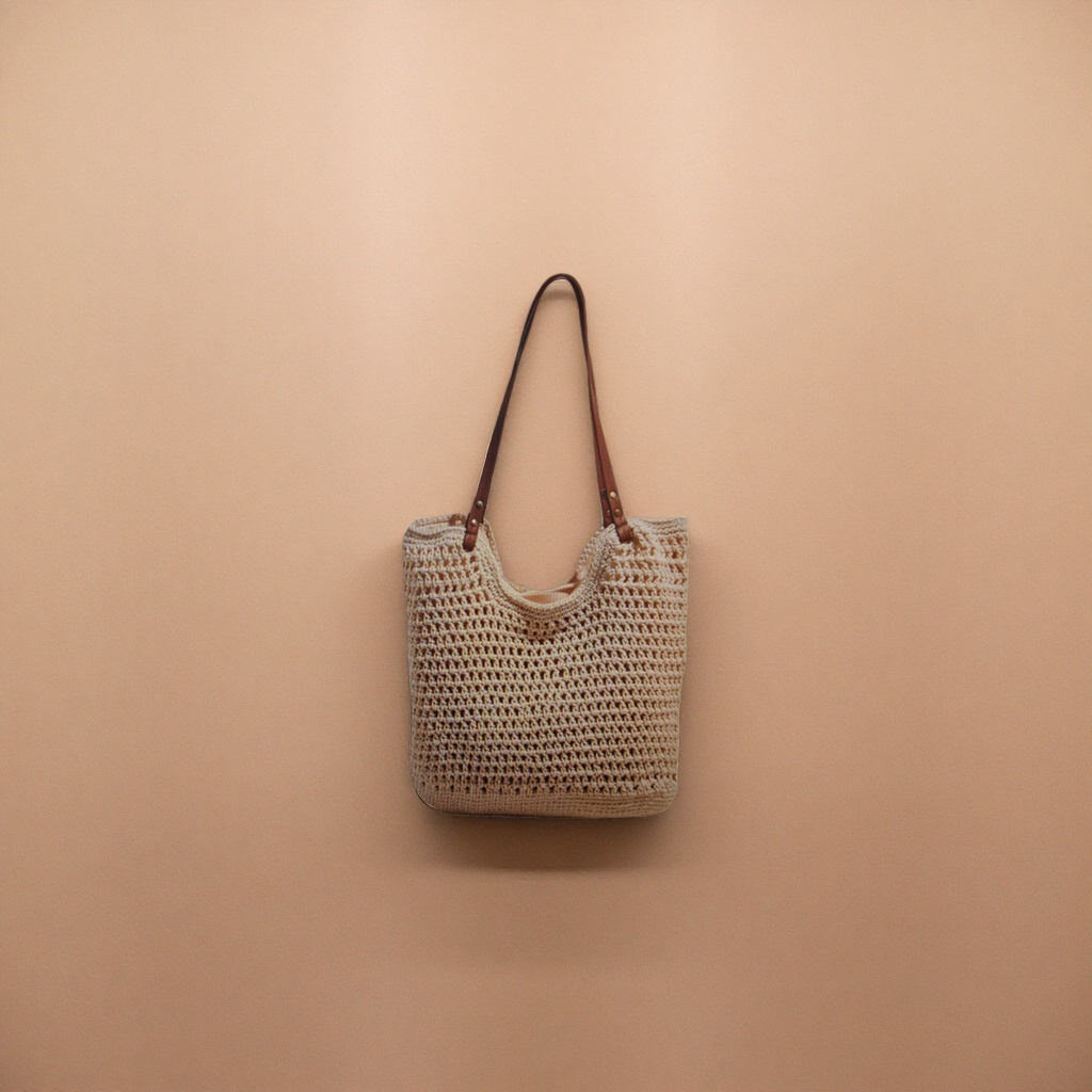 Beige crochet bag with brown leather handle hand-woven casual shoulder bag Specification image