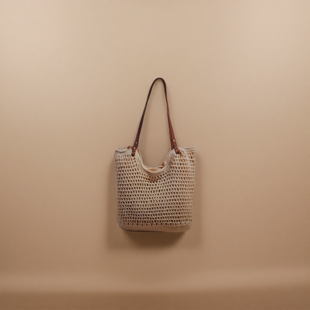 Beige crochet bag with brown leather handle hand-woven casual shoulder bag details Picture