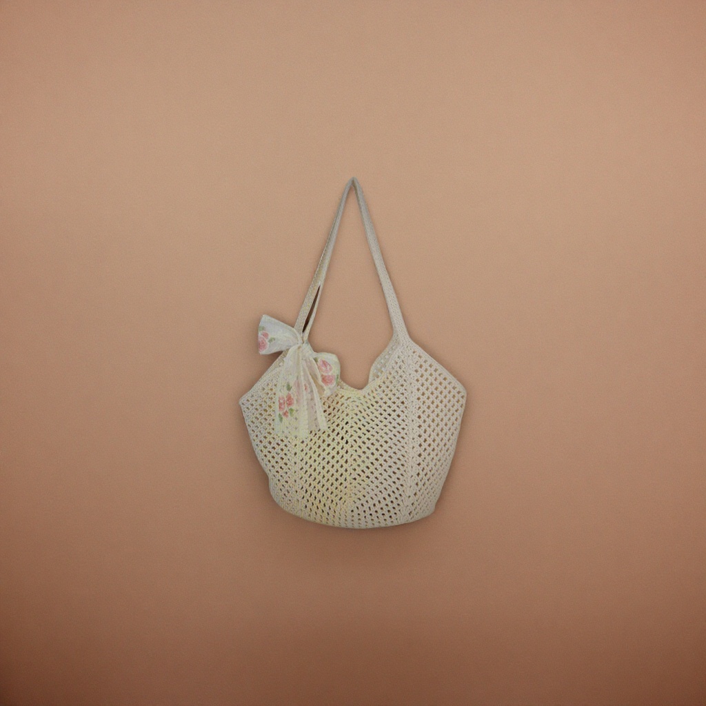 Beige crocheted bag strap with floral bow decoration handmade woven handbag Application Scenario