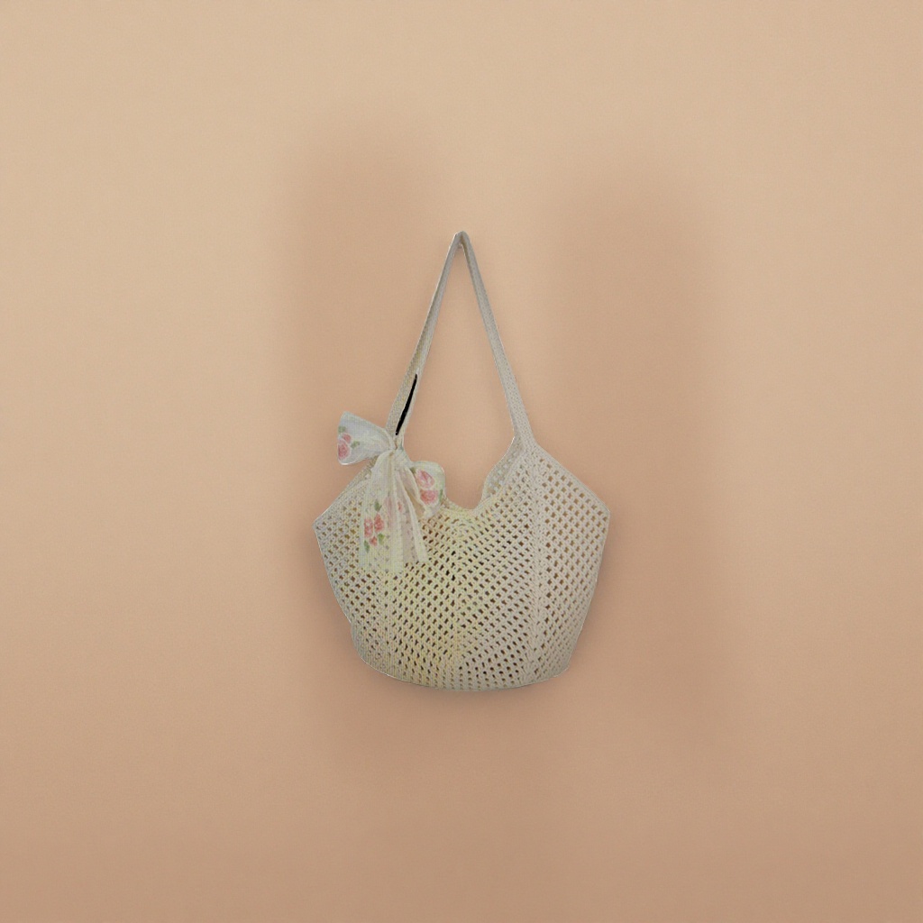 Beige crocheted bag strap with floral bow decoration handmade woven handbag Specification image