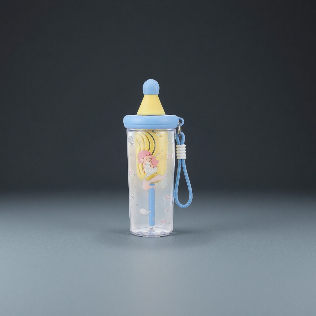 透明水杯配蓝黄奶瓶盖美人鱼图案滤网