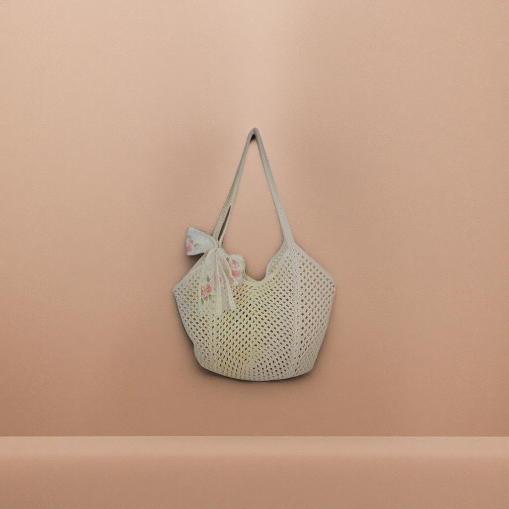 Beige crocheted bag strap with floral bow decoration handmade woven handbag
