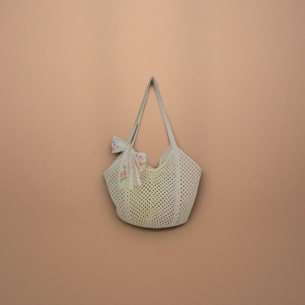 Beige crocheted bag strap with floral bow decoration handmade woven handbag details Picture