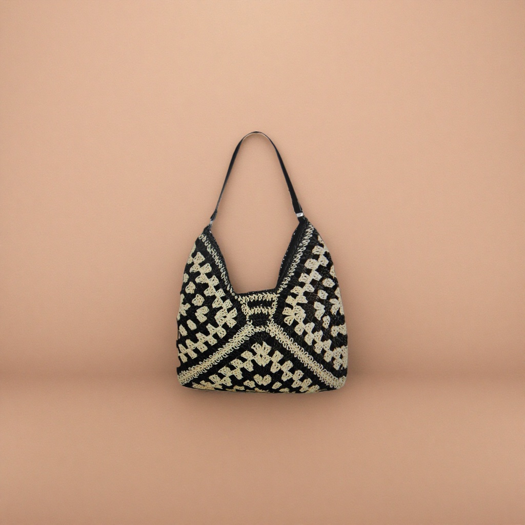 Black and white crochet handbag, a casual, fashionable and versatile single-shoulder bag for women details Picture