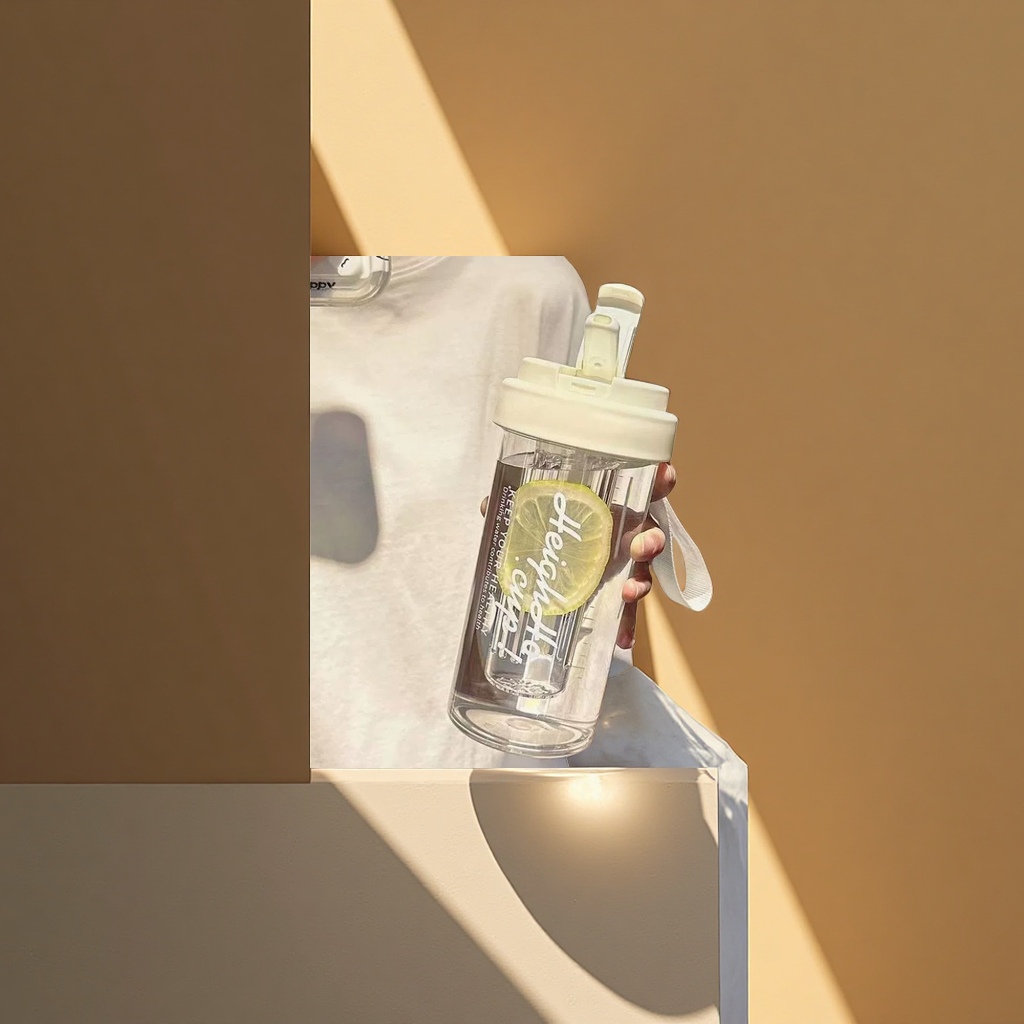 透明水杯带柠檬片和白色杯盖细节图