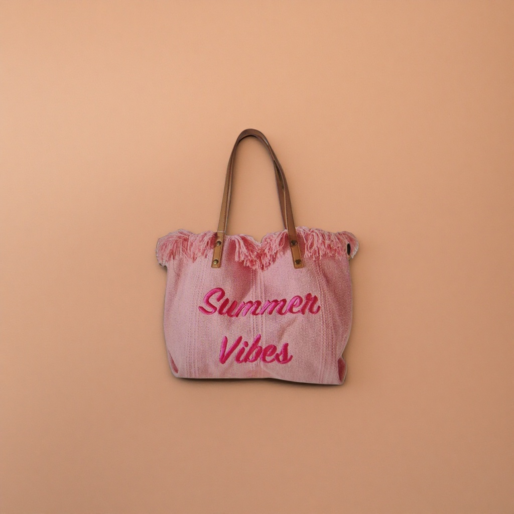 Pink tassel handbag embroidered with the words "Summer Vibes" on the body fashionable ladies' shoulder bag Specification image
