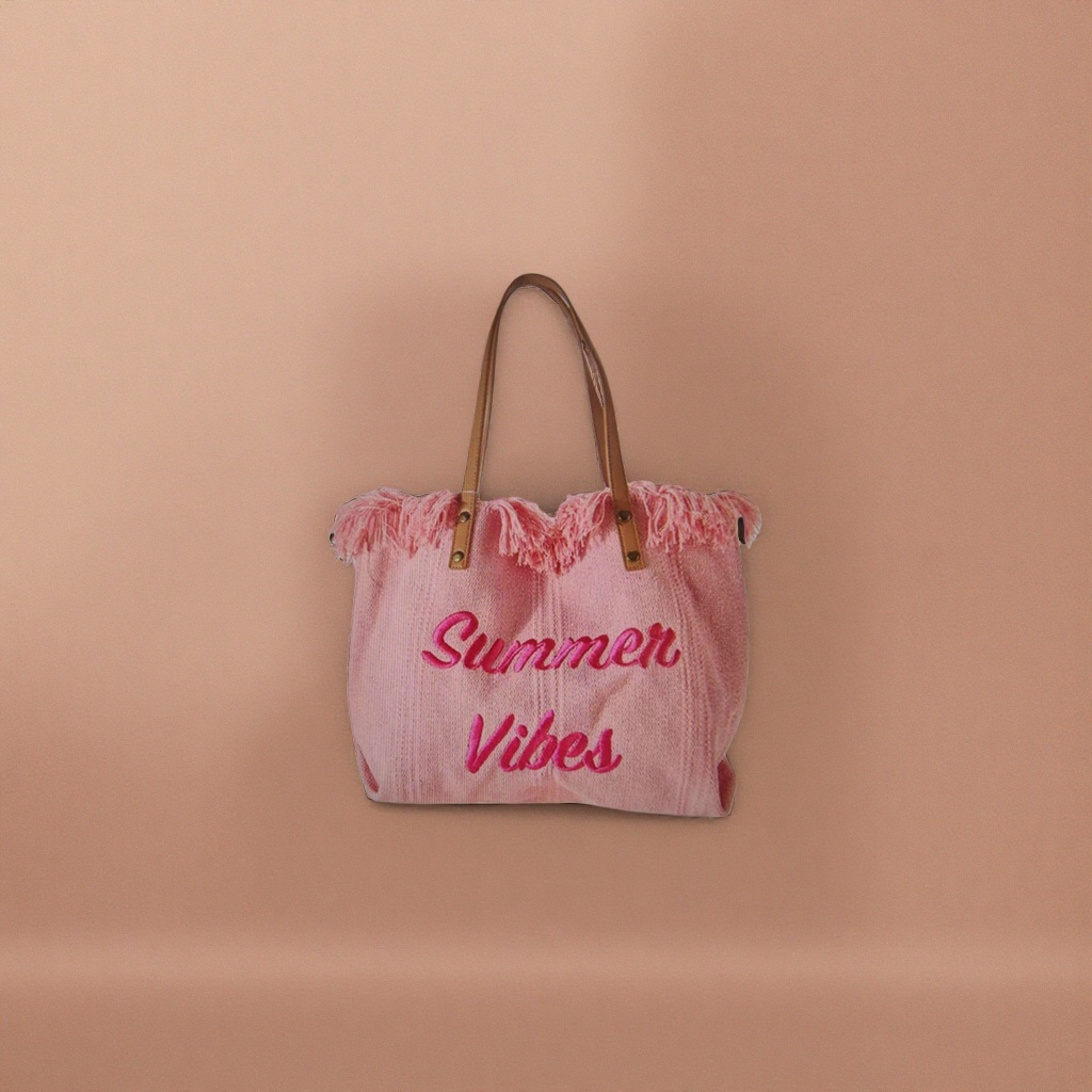 Pink tassel handbag embroidered with the words "Summer Vibes" on the body fashionable ladies' shoulder bag