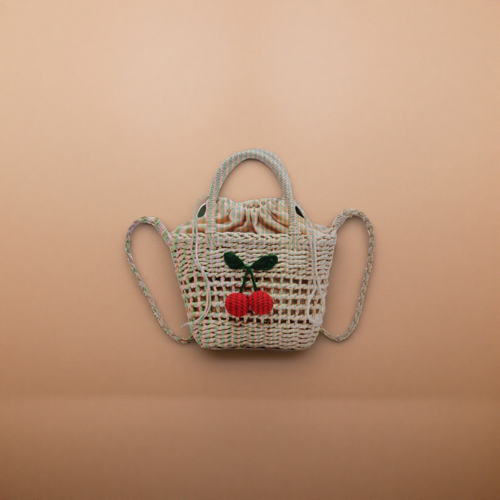 Beige woven bag with cherry decoration, hand-held shoulder bag Specification image