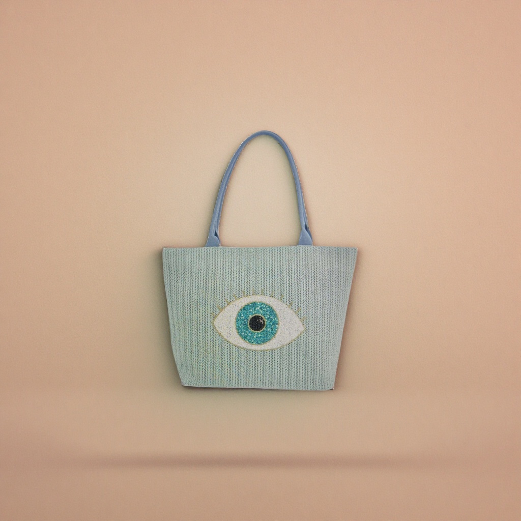 Light green woven bag with eye decoration, single-shoulder crossbody women's bag details Picture