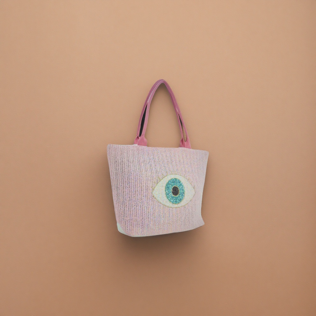 The front of the pink woven handbag features a blue sequined Devil's eye pattern details Picture