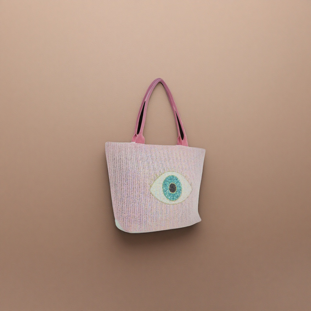 The front of the pink woven handbag features a blue sequined Devil's eye pattern Specification image
