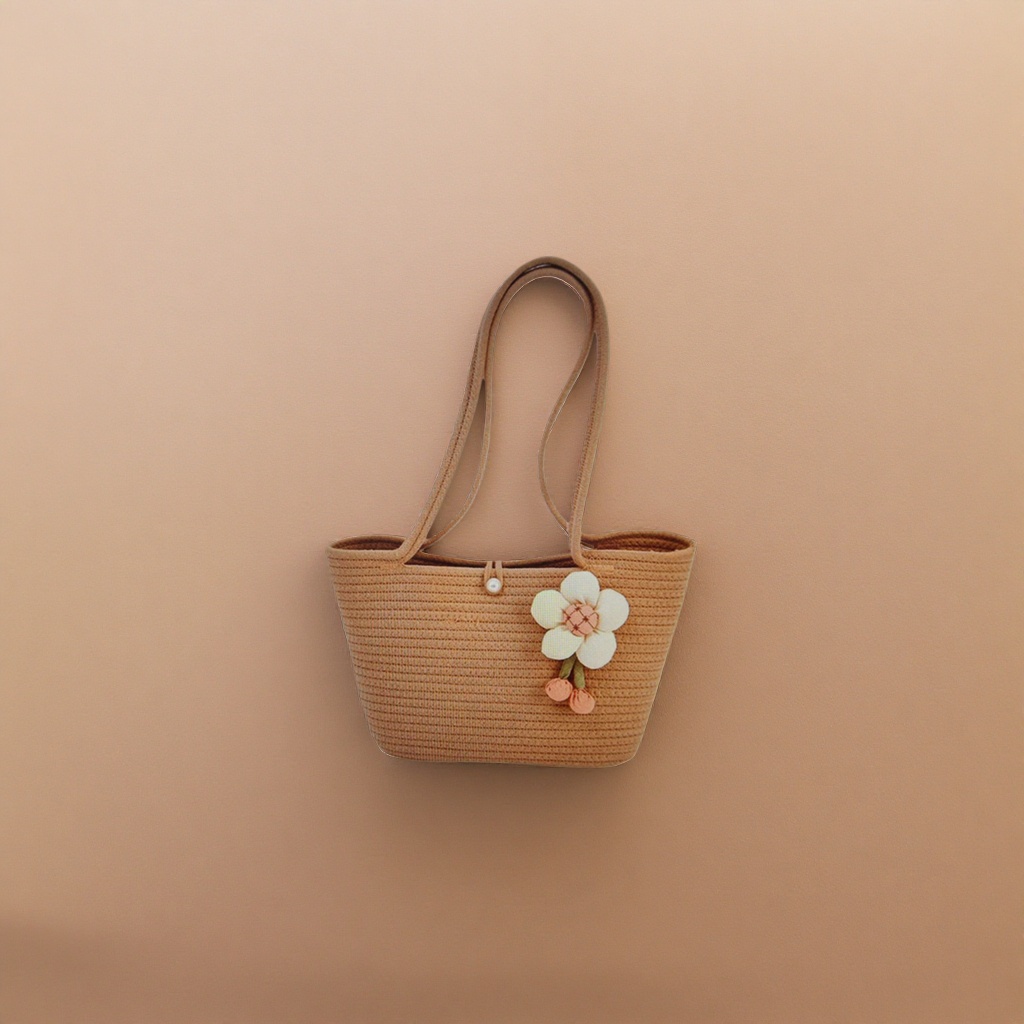 The beige woven handbag is decorated with white flowers and orange flower buds Application Scenario