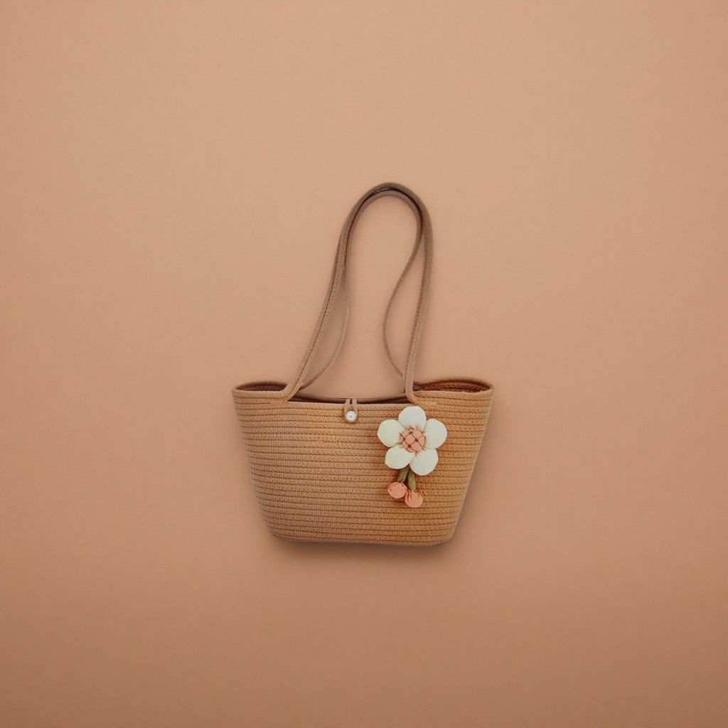 The beige woven handbag is decorated with white flowers and orange flower buds details Picture