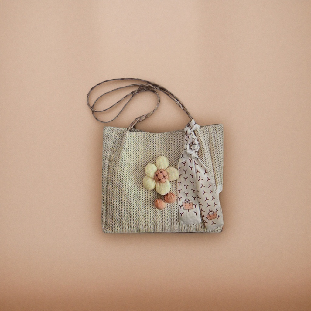 Beige woven handbag with flower-decorated printed silk scarf, a fashionable single-shoulder bag for women details Picture