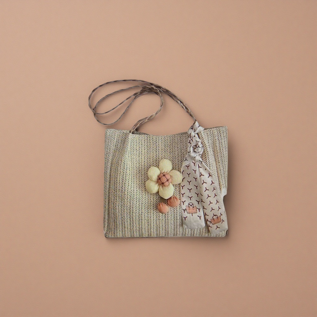 Beige woven handbag with flower-decorated printed silk scarf, a fashionable single-shoulder bag for women Application Scenario
