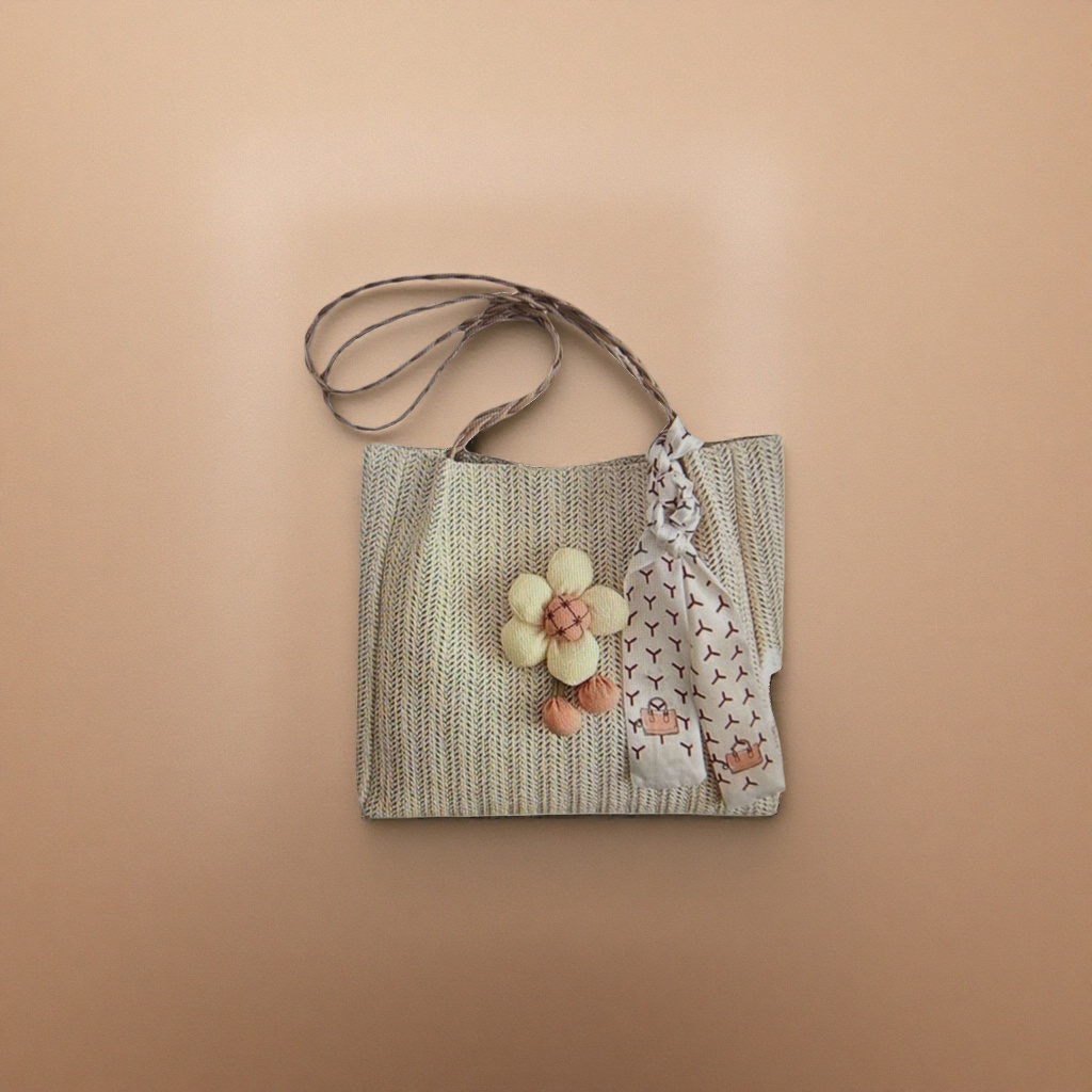Beige woven handbag with flower-decorated printed silk scarf, a fashionable single-shoulder bag for women Specification image