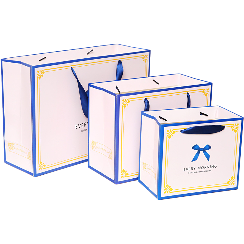 Blue border, white gift bag, thickened hand-held eco-friendly shopping bag, gift packaging bag Item Picture