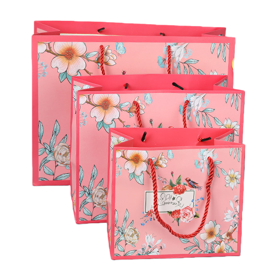 Pink floral pattern gift bags, hand-held paper bags, packaging bags for giving gifts, available in large, medium and small sizes Item Picture