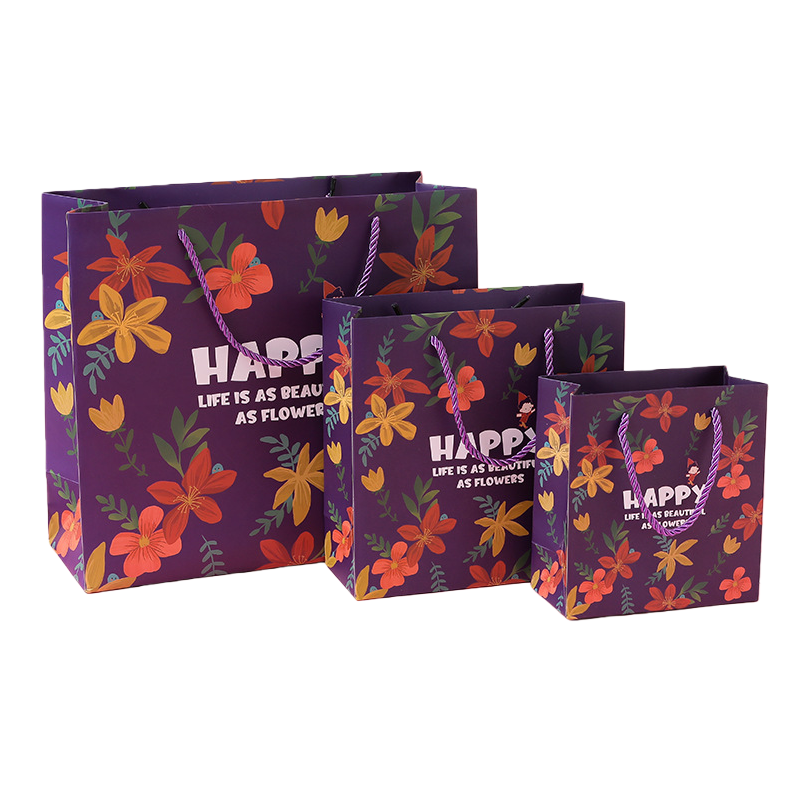 Purple floral pattern gift bag, large hand-held eco-friendly paper bag, gift packaging bag Item Picture