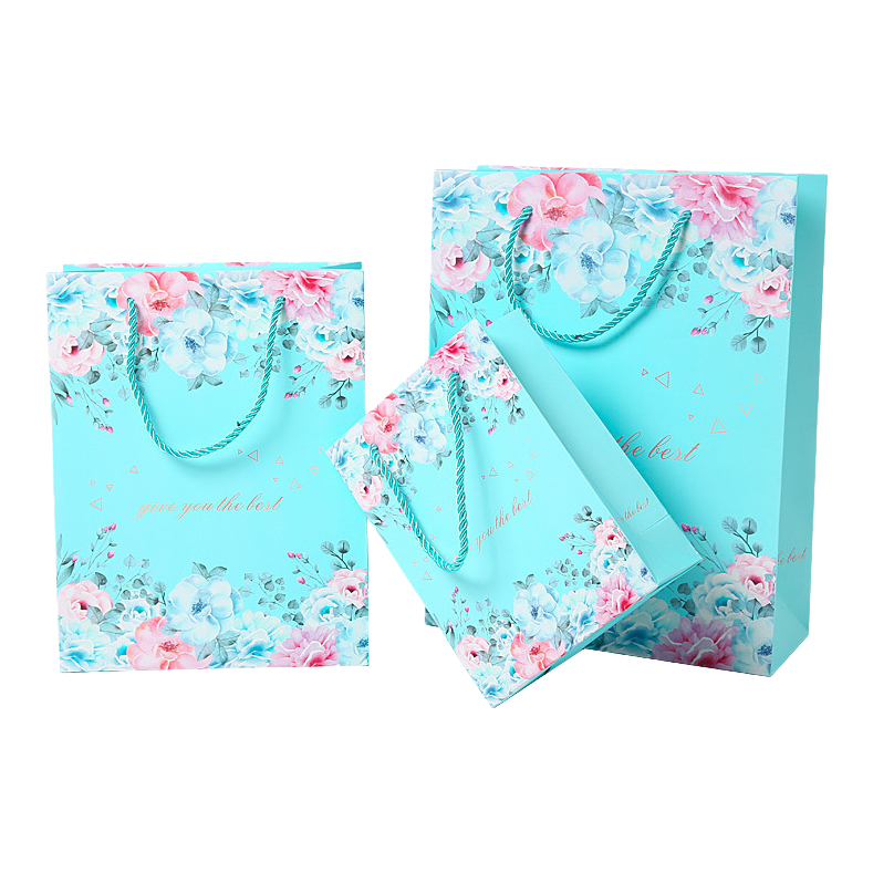 Blue floral pattern gift bag, large hand-held eco-friendly paper bag, gift packaging bag Item Picture