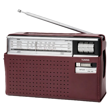 The wine-red leather portable radio features a retro design, is compact and lightweight, and has a long battery life Item Picture
