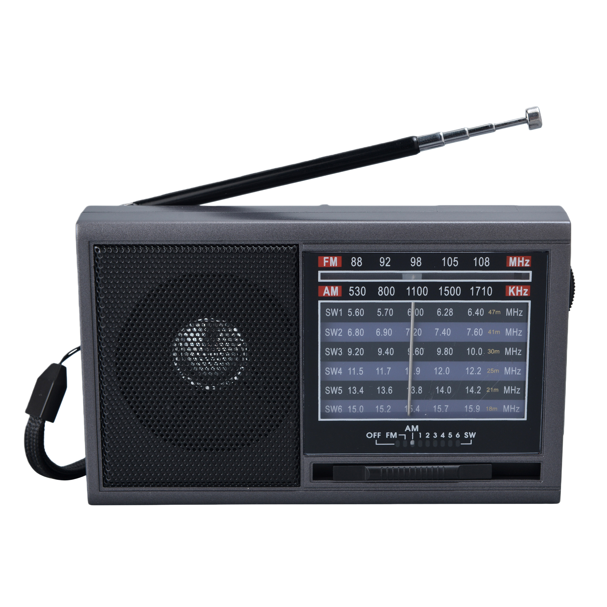 The black portable radio features an ultra-thin design, FM receiver, digital frequency modulation and battery power Item Picture