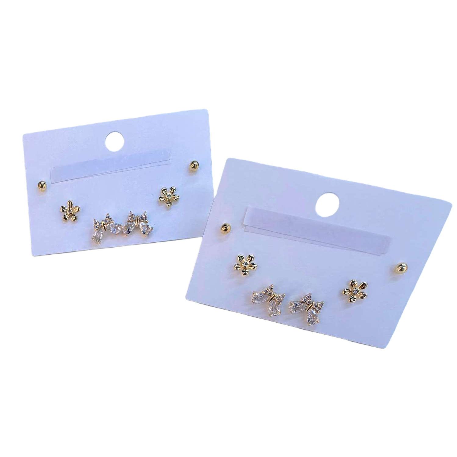 Flor dorada mariposa forma pendientes 3 en 1 combinación fondo blanco modelo Specification image