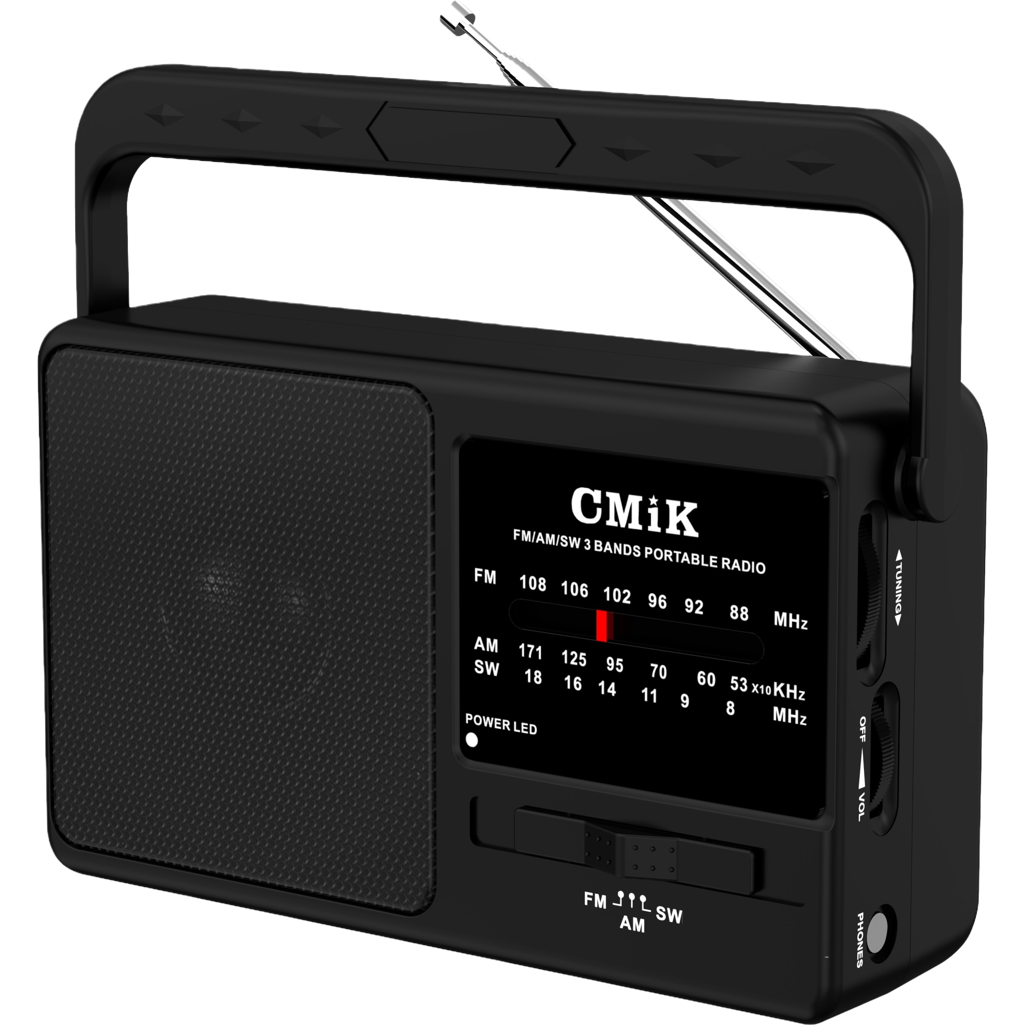 The black portable radio features an ultra-thin design and is powered by a dual-band digital FM/AM battery Item Picture