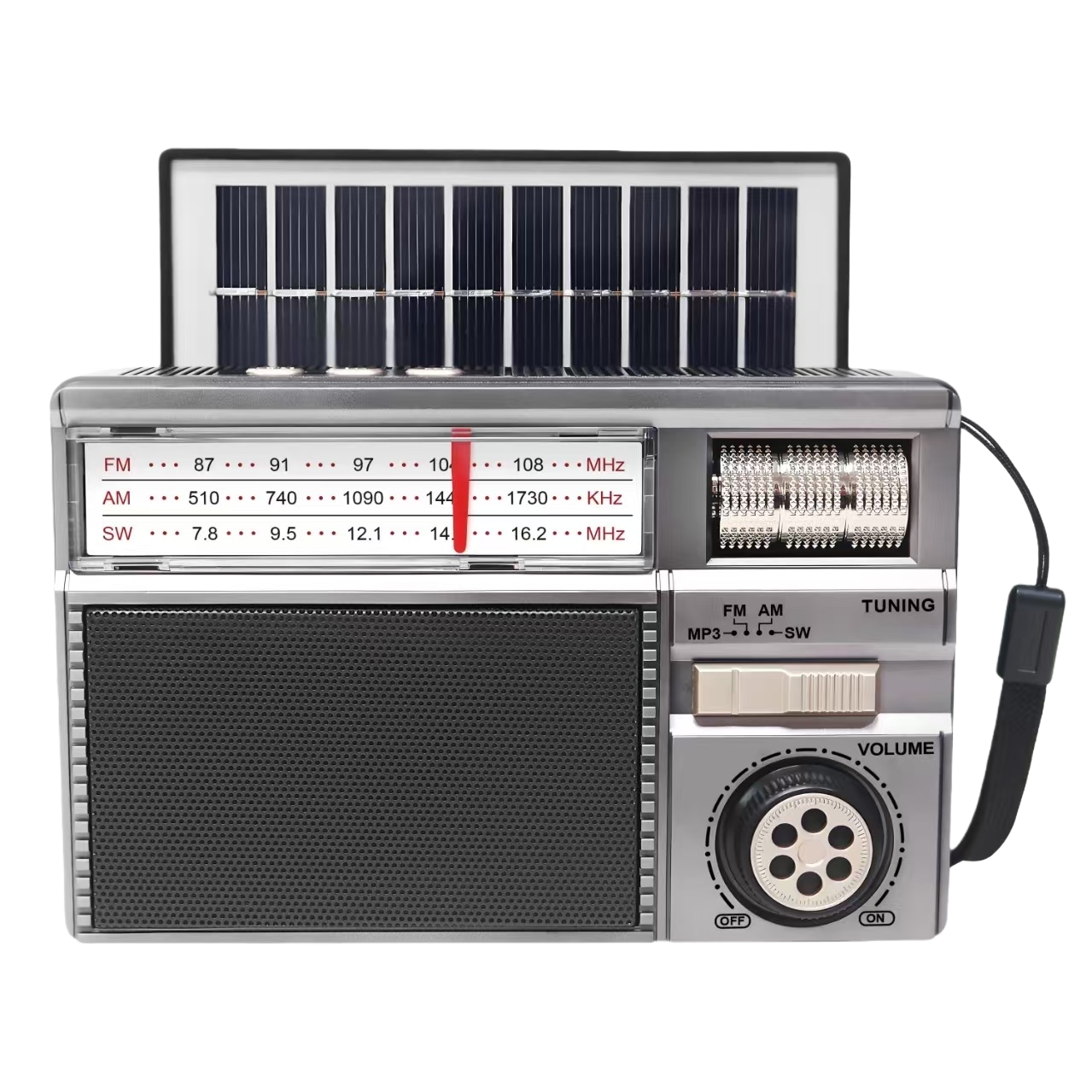 Silver vintage radio with solar panel tuning knob, wooden case, portable Item Picture