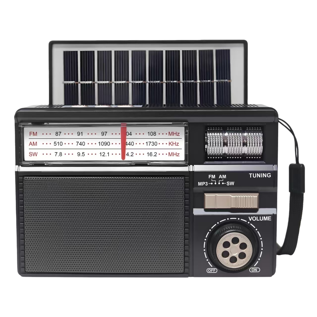 Black portable radio with solar panel knob control Item Picture