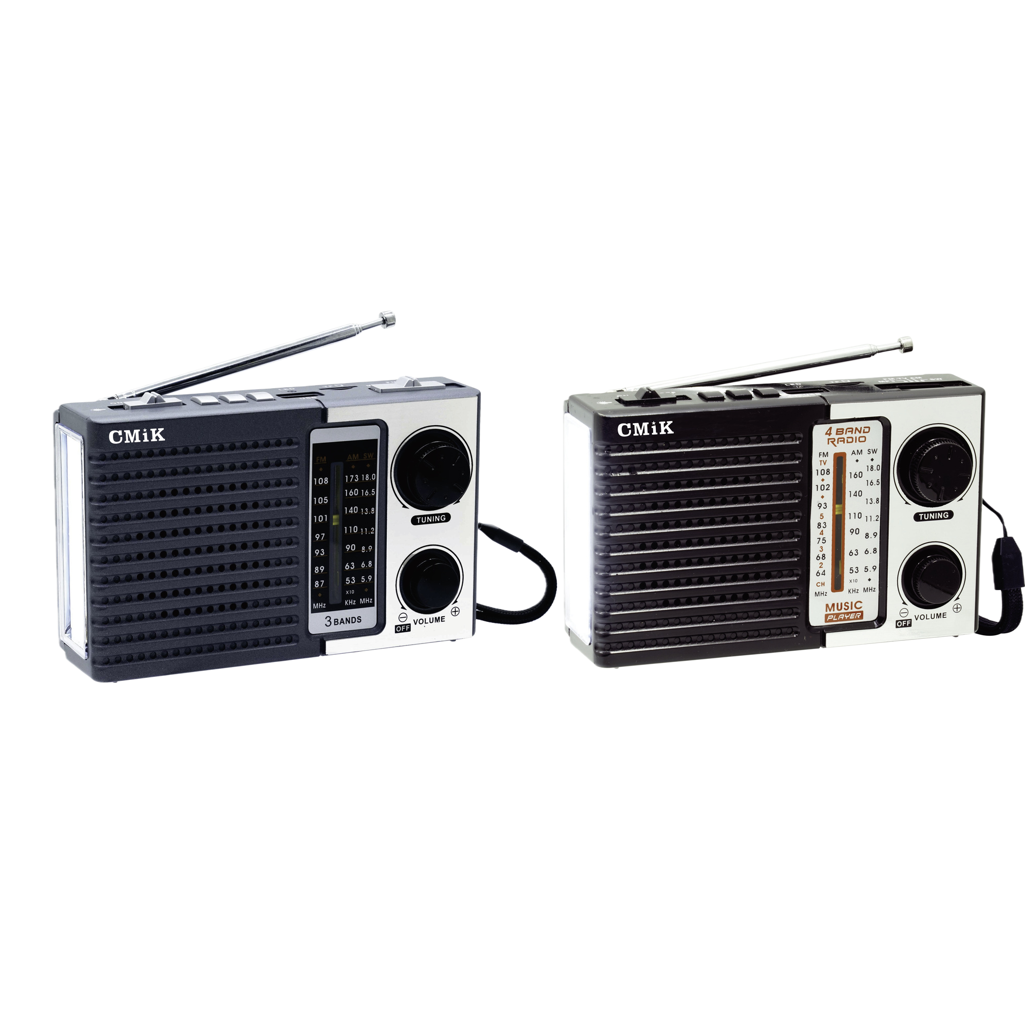 CMiK blue, gray and black dual-color portable radio with telescopic antenna, FM volume knob and frequency scale screen Item Picture