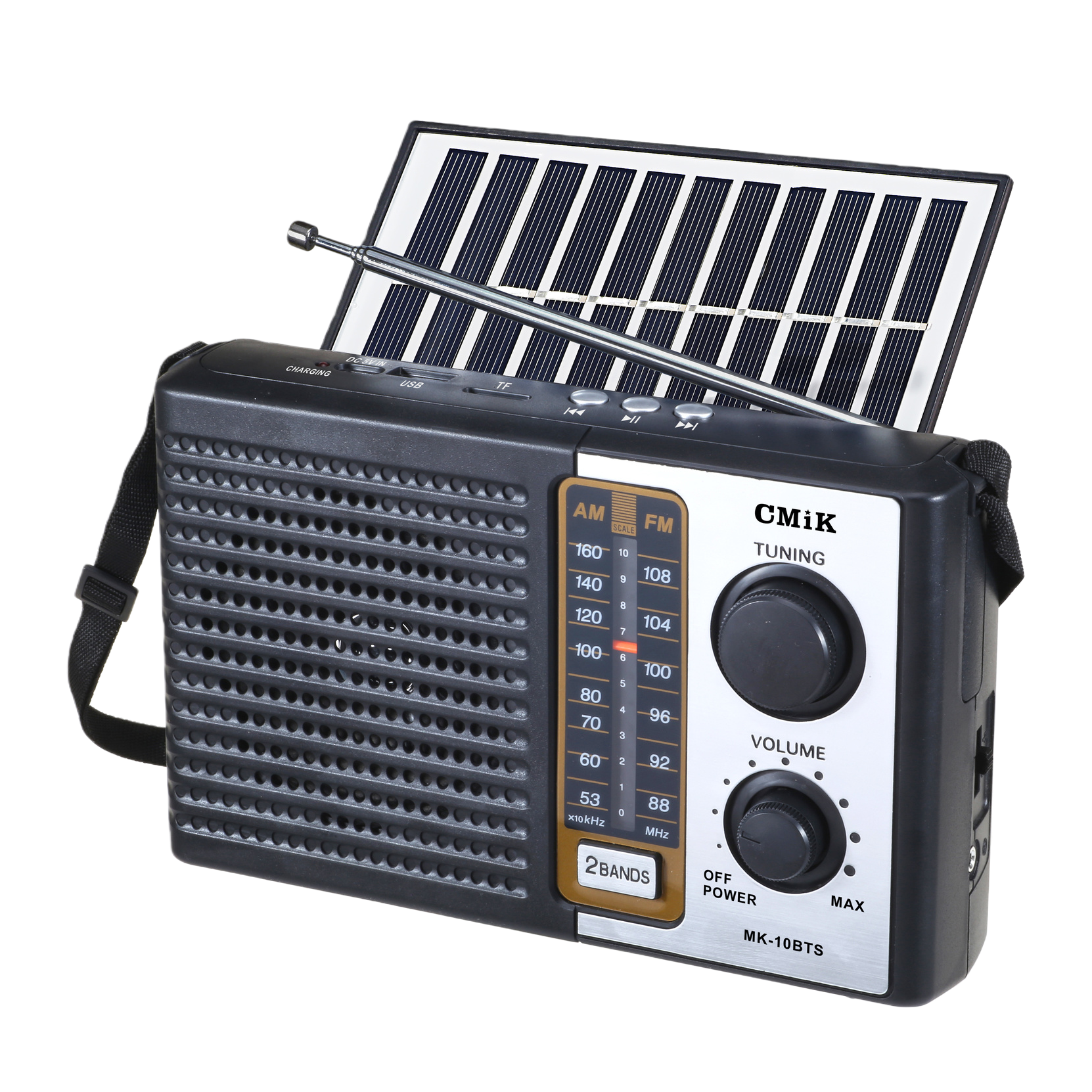 The black portable radio with a solar panel telescopic antenna has clear sound reception and long battery life Item Picture