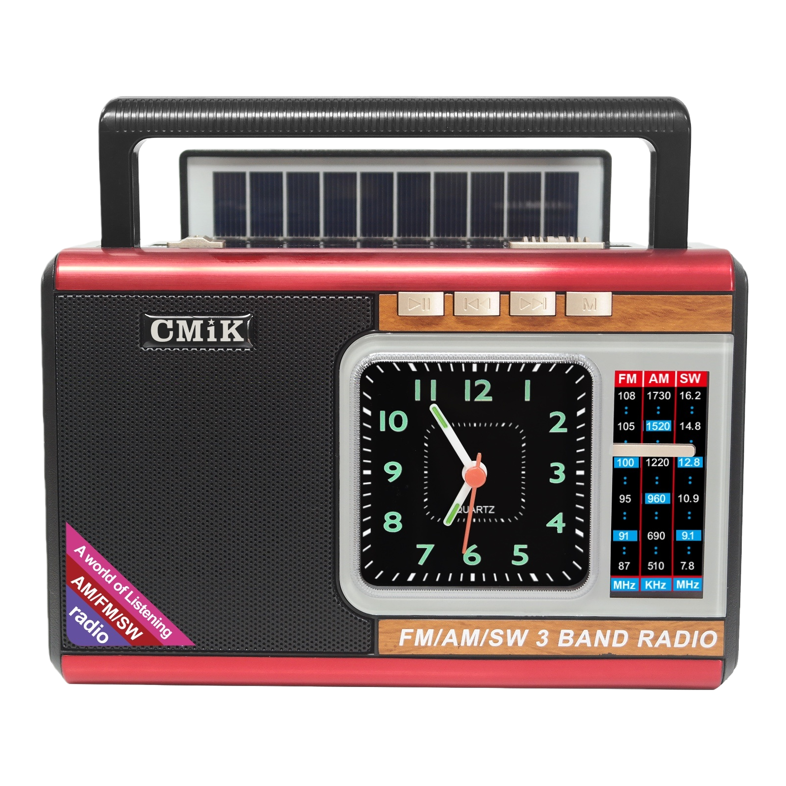 CMiK solar radio with red frame, black body, FM AM SW three-band analog clock Item Picture