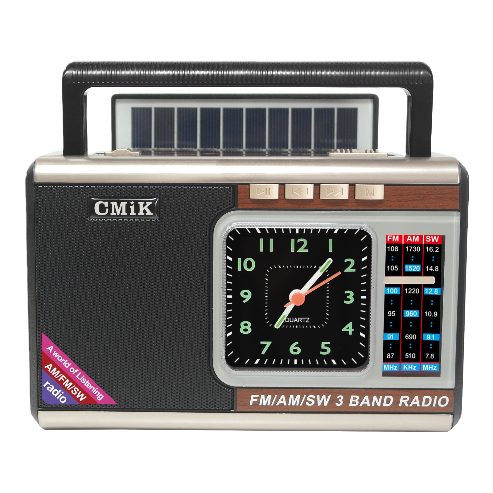 Black retro portable radio with solar panel analog clock and multi-functional receiving alarm clock Item Picture